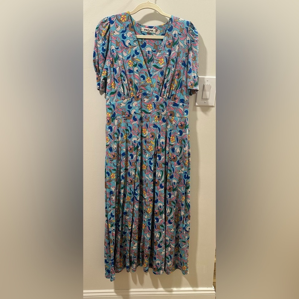 Boden Kristen Pleated Jersey Dress Blue Floral Vine Sz 12R - Picture 2 of 10